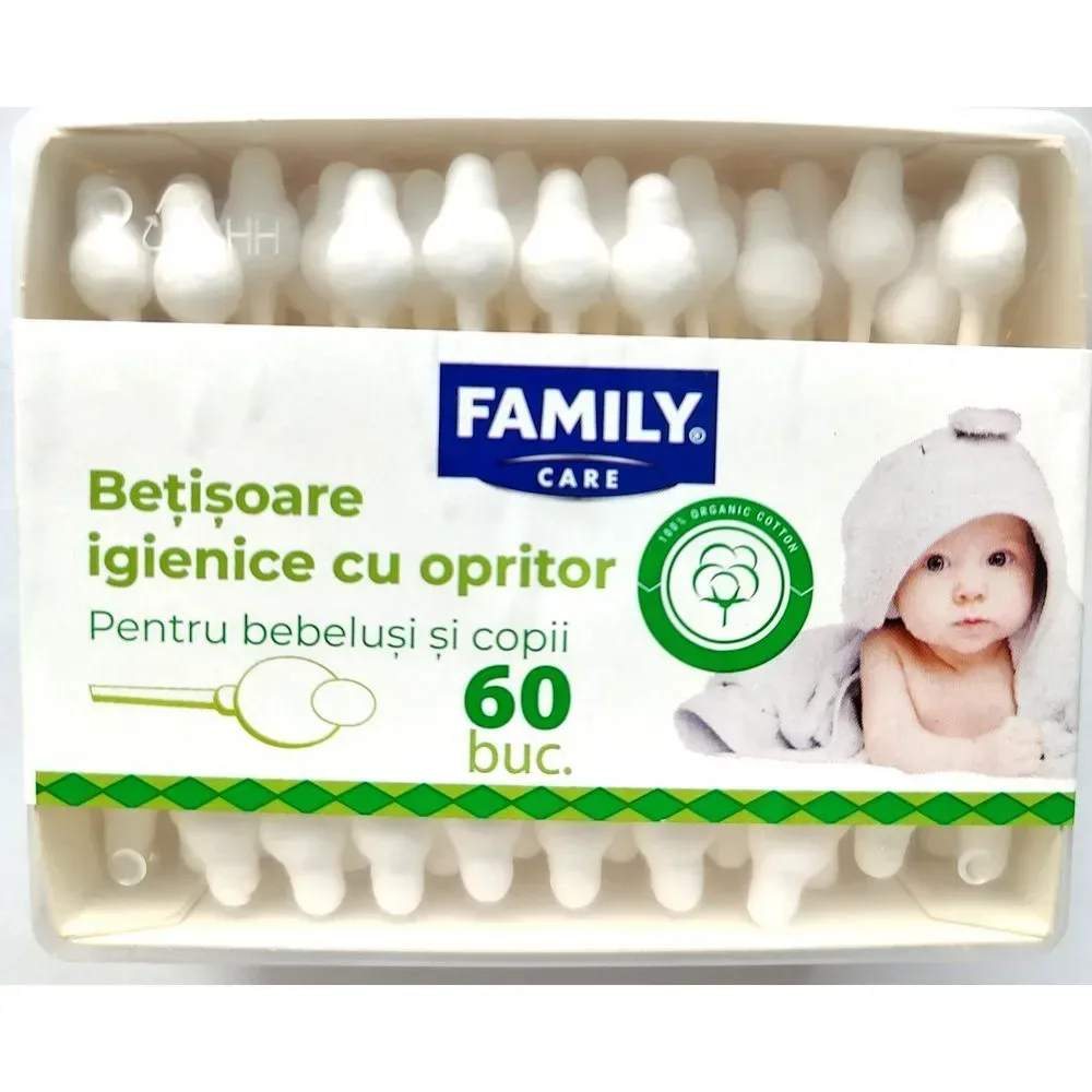 FAMILY CARE Bețișoare BIO cu opritor, bumbac organic, 60 buc