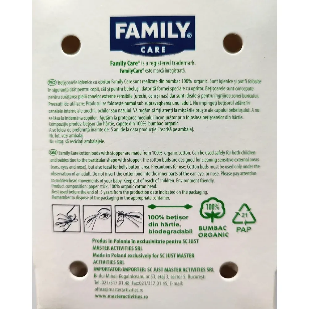 FAMILY CARE Bețișoare BIO cu opritor, bumbac organic, 60 buc