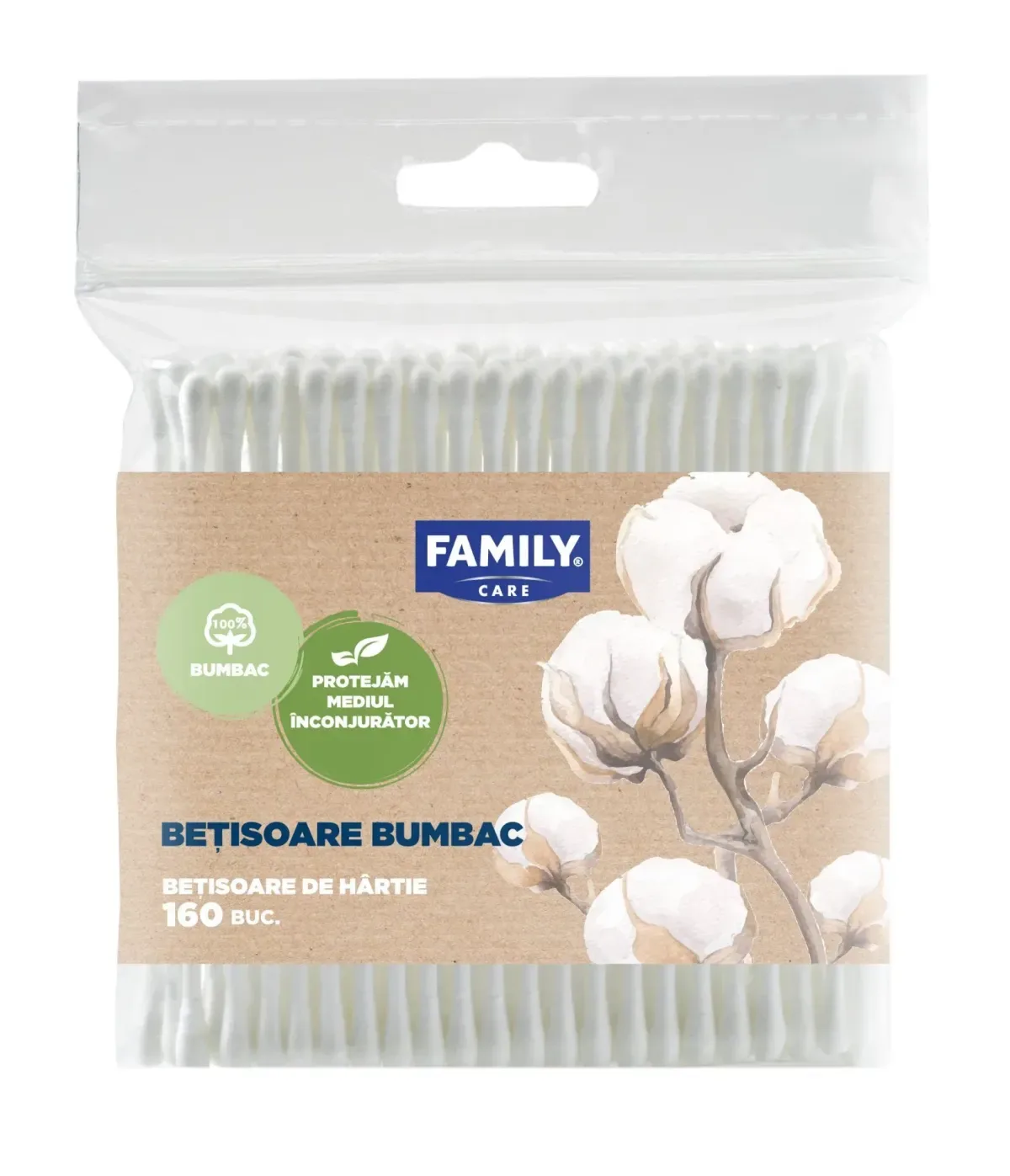 FAMILY CARE Rezervă bețișoare igienice din bumbac, 160 buc